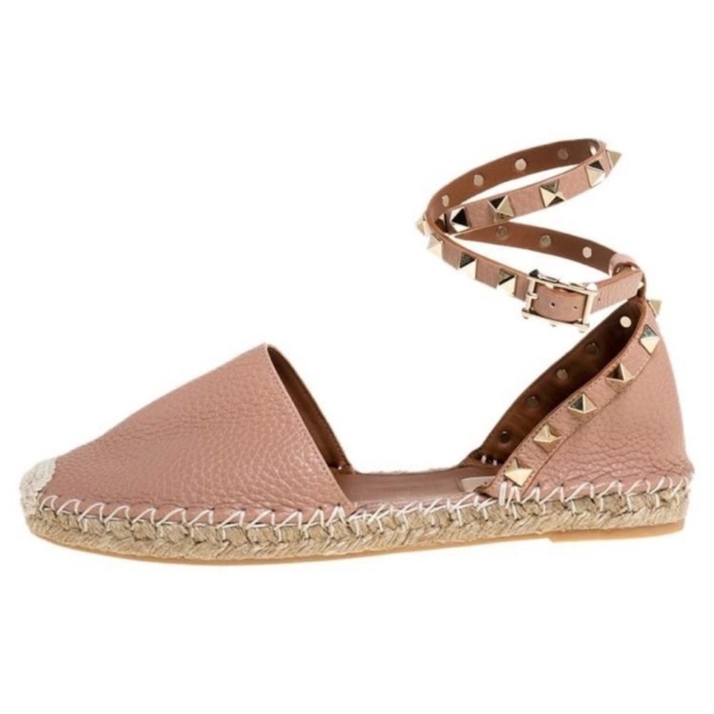 Valentino Garavani Rockstud Espadrille Sandals Leather Wrap Ankle Poudre Pink 35 - Picture 2 of 12